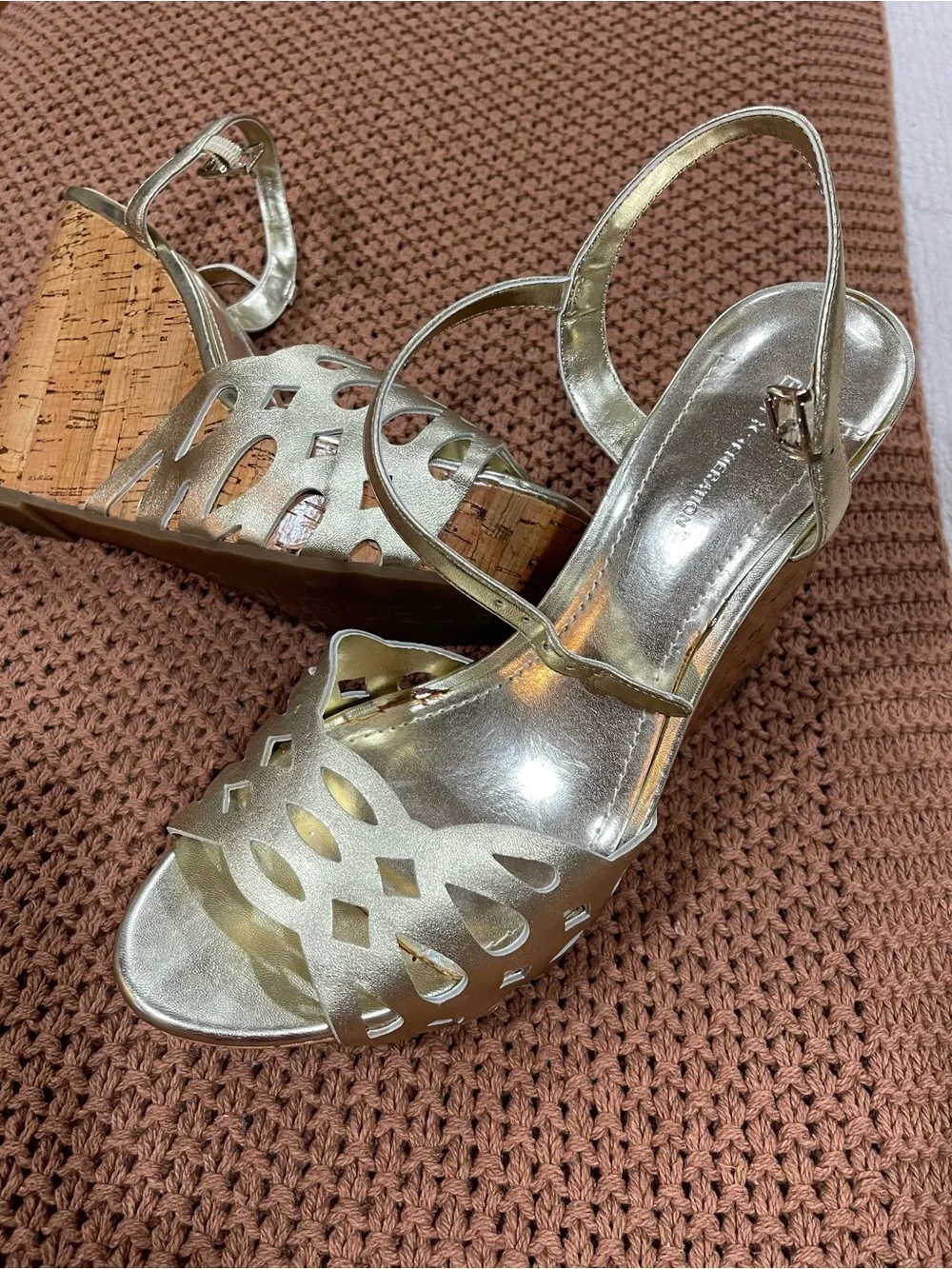BCBG Metallic Gold Cutout Cork Wedge Sandals